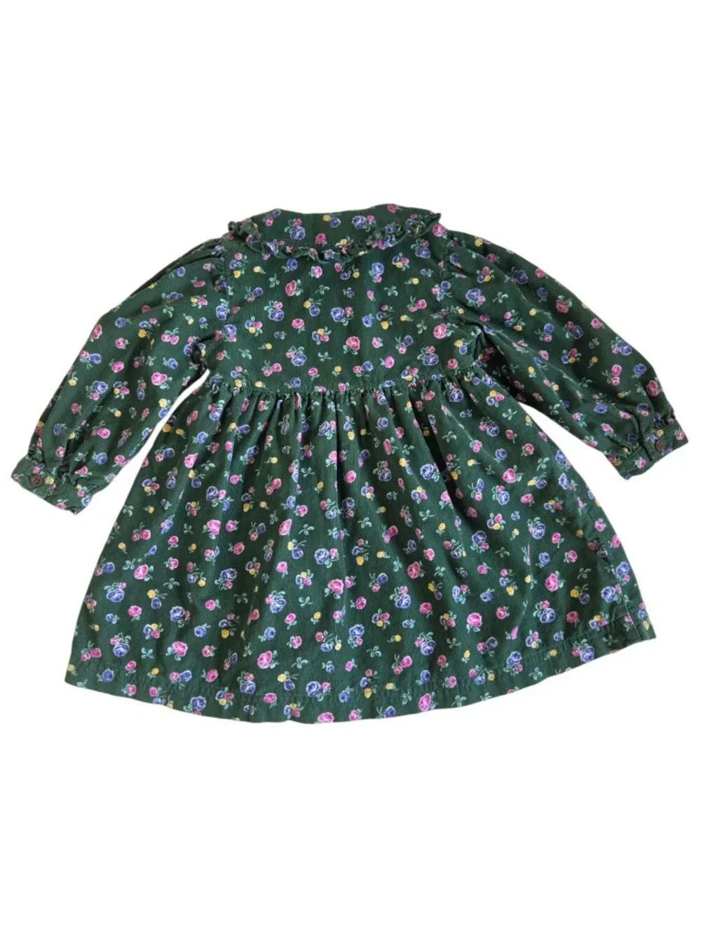 Vtg OshKosh Bgosh Green Floral Corduroy Dress 2T Long Sleeve Ruffled Buttons